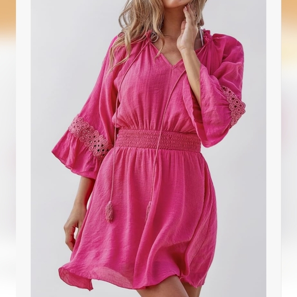 no brand Dresses & Skirts - Fuchsia Pink Smocked Poplin Lace Embroidered Mini Dress Pullover Sz L